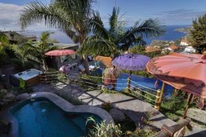 a resort with a swimming pool with umbrellas at Al Dazk in Ribeira Brava
