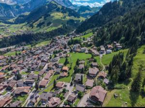 an aerial view of a village in the mountains at Chalet Sunnegg in Adelboden +13 photos