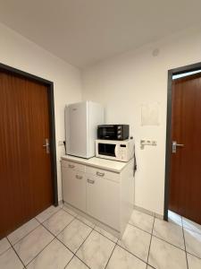 a kitchen with a microwave on top of a refrigerator at Pension Ksenija Hanau in Hanau am Main