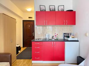 a red kitchen with a sink and red cabinets at Apartman Natural Vlašić in Šišava +10 photos