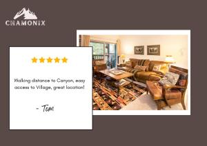 a living room with a couch and a table at Chamonix Year-Round Fun with Shared Pool in Mammoth Lakes