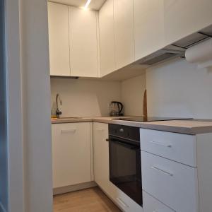 a kitchen with white cabinets and a black oven at Melnragė, Molo g in Melnragė
