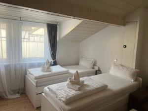 two beds in a room with a window at DADI Apartment in Linz am Rhein