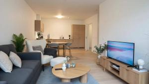 a living room with a couch and a flat screen tv at The Haven II - Cozy 2BR Voss - The Voss Collection in Vossevangen
