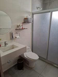 a bathroom with a shower and a toilet and a sink at Depa Coralux in San Carlos +4 photos