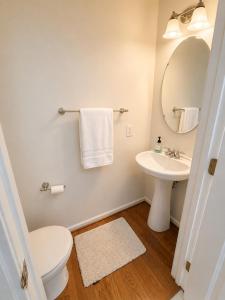 a bathroom with a sink and a toilet and a mirror at 4BR Home with Private Cinema in West Henrietta +9 photos