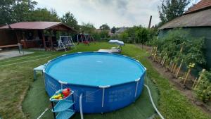 a large blue tub sitting in a yard at Zitanka Apartman Bogács in Bogács