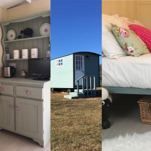 two pictures of a bedroom and a bed and a house at Hut 4 Ewe glamping pod with shared facilities in Bideford