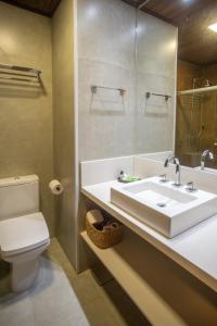 a bathroom with a sink and a toilet and a mirror at Casarão Alpina in Mucugê +92 photos