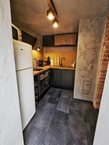 a small kitchen with a refrigerator and a stove at Slunečná Chalet in Velké Chvojno +18 photos