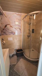 a bathroom with a shower and a sink and a toilet at Amor Mosel Stay in Klotten +26 photos