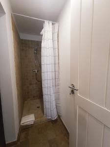a bathroom with a shower with a white shower curtain at Tomarhousing - Style in Tomar +39 photos