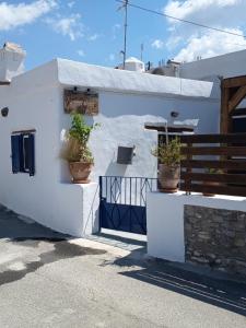 a white house with potted plants on it at Grandma Stella's Old House in Apolakkiá