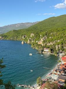 a view of a body of water with boats in it at Saymon apartment Trpejca in Ohrid
