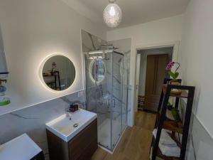 a bathroom with a shower and a sink and a mirror at Apartment-alys in Pordenone +11 photos