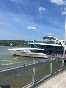 a large boat is docked in the water at DADI Apartment in Linz am Rhein