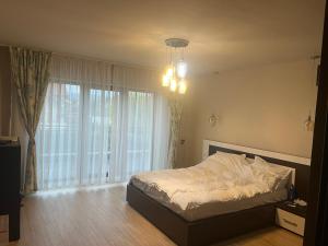 a bedroom with a bed and a large window at Rus House in Cluj-Napoca +23 photos