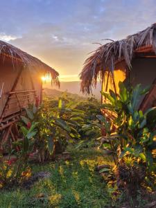 a house in a field with the sunset in the background at Cultivarte in Anapoima