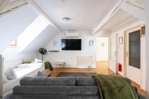 a living room with a couch and a tv at Coyhomes Steyr Riverside - Serviced Apartments in Steyr