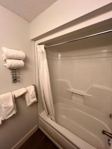 a bathroom with a shower with white towels at Armstrong Inn in Armstrong +26 photos