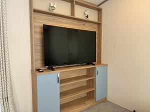 a flat screen tv in a built in entertainment center at Luxury lodge Henley in Cherry Burton