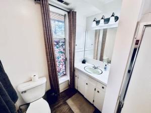 a bathroom with a toilet and a sink and a window at Views inside Yosemite-Timber Lodge-Sleeps 6 in Yosemite West +14 photos