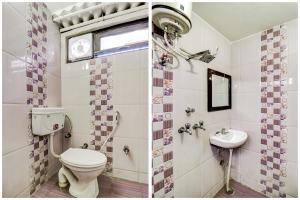two pictures of a bathroom with a toilet and a sink at Hotel O by OYO Dhruv Inn in Izatnagar +16 photos