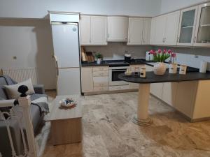 a kitchen with a white refrigerator and a table at Panora House in Kefalos +12 photos