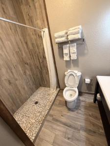 a bathroom with a shower with a toilet and towels at Sagebrush Hotel in Crystal City