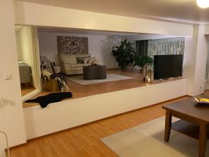 a living room with a couch and a flat screen tv at Iso kuutti in Savonlinna