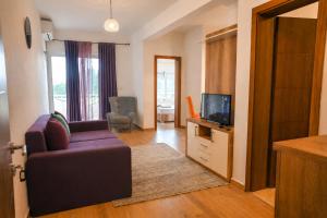 a living room with a couch and a tv at Beach Walk Apartments in Ulcinj