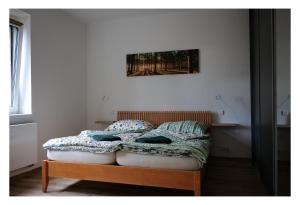 a bed in a room with a picture on the wall at Apartman Sysl in Ricany