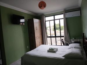 a bedroom with a bed with green walls and a window at Paradise Hostel e Suítes in Itatiaia