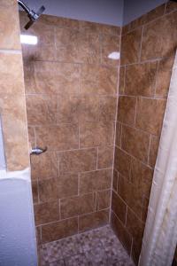 a shower with brown tile in a bathroom at Budget Inn in Alamogordo