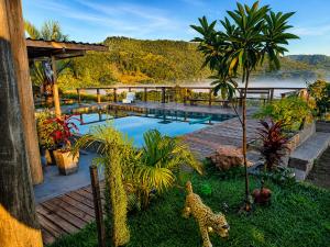 a swimming pool with a jaguar figurines in a yard at Recanto da Cuesta in Botucatu