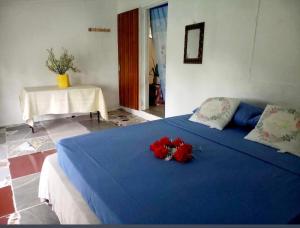 a blue bed with flowers on it in a room at JayDees Homestay in Taveuni