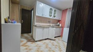 a kitchen with white cabinets and a sink at ČANJ Apartman Slavica in Čanj +4 photos