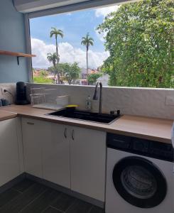 a kitchen with a sink and a washing machine at Amandine - Vue mer Pointe-à-Pitre in Pointe-à-Pitre