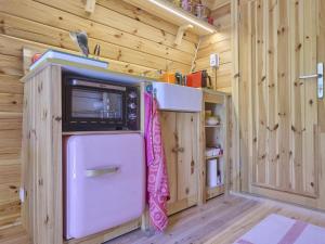 a small kitchen with a microwave on top of a refrigerator at Tiny House Jet in Goedereede +16 photos