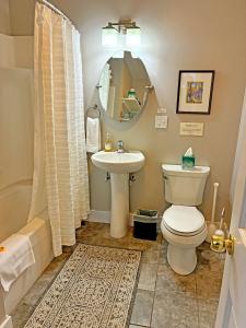a bathroom with a toilet and a sink and a mirror at Bristol Suites in Bristol