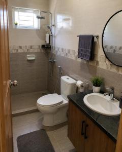 a bathroom with a toilet and a sink and a mirror at Kalimero Homestay in Pančevo