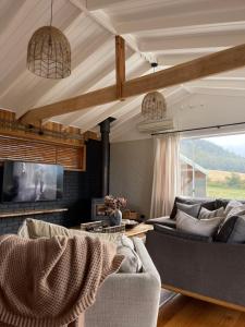 a living room with two couches and a tv at Travellers Rest Bicheno in Bicheno