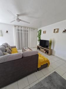 a living room with a couch and a flat screen tv at La Casa Bongo - T4 cosy en pleine nature in Capesterre-Belle-Eau