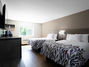 a hotel room with two beds and a window at Red Roof Inn Binghamton North in Binghamton +33 photos