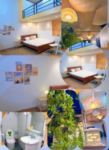 a collage of four pictures of a hotel room at Muối Vừng Home in Ða Gia +9 photos