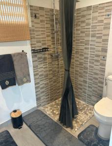 a shower with a shower curtain in a bathroom at Bungalow Kaz à Céli in Deshaies