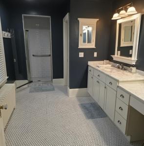 a bathroom with two sinks and a shower at Middletown Bungalow w/Hot Tub and Private Yard - RIBryan Properties in Middletown +25 photos