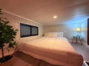a bedroom with a large bed and a tv at Casa Panal , Jacuzzi opcional Villa Alemana in Villa Alemana