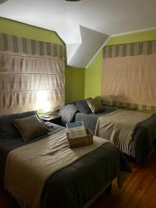 two beds in a room with green walls at Hostal el valle in Angol