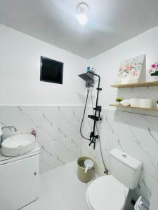 a bathroom with a toilet and a tv on the wall at CJ cozy tiny home in Santa Barbara